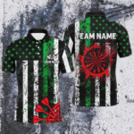 Custom Green And Red Grunge US Flag Men Dart Shirts, Patriotic Christmas Darts Team Jerseys TDM2850