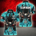 Turquoise Flame American Flag Eagle Custom 3D Dart Shirt For Men Patriotic Darts League Team Jersey TDM3557