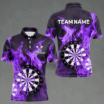 Purple Flaming Dartboard Darts Polo & Quarter Zip Custom Dart Shirts For Men Team Dart Jerseys TDM4230