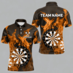 Orange Flaming Dartboard Darts Polo & Quarter Zip Custom Dart Shirts For Men Team Dart Jerseys TDM4229