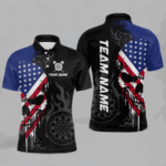 Grunge American Flag Skull Darts Shirt For Men Custom Patriotic Darts Team Jerseys Polo & 1/4 Zip TDM4197