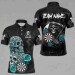 Personalized Funny Turquoise Skull Roses Darts Shirt For Men Custom Darts Team Jersey, Dart Outfit TDM4143