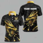 Personalized Black Gold Dragon Dart Shirts For Men Custom Darts League Team Jersey Polo & 1/4 Zip TDM4142