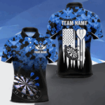 Personalized US Flag Blue Camo Dart Shirts For Men, Patriotic Darts Jersey Team Polo & 1/4 Zip TDM4128