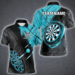Grunge Cyan Black Dartboard Light Men Darts Polo & 1/4 Zip Custom Dart Shirt For Team Dart Jersey TDM4127