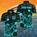 Black And Turquoise Grunge Darts Polo, Quarter Zip For Men Custom Dart Shirts For Team Dart Jerseys TDM3226
