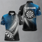 Custom Men's Dart Shirt – Black Blue Hexagon Design Darts Team Jersey | Polo & Quarter Zip Uniform TDM4074