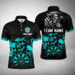 Custom Men's Grim Reaper Dart Shirt – Black Cyan Grunge Dart Jersey Team Polo & Quarter Zip Style TDM4068