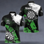 Retro Black Green Grunge Pattern Darts Polo, Quarter Zip Custom Men Dart Shirt Team Dart Jersey TDM4039