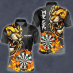 Funny Darts Flame Lion Custom Polo & Quarter-Zip, Personalized Men Dart Shirts Dart Jerseys TDM4033
