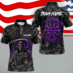 Black And Purple Smoke Grim Reaper Funny Dart Shirts For Men Custom Dart Jerseys, Darts Clothing TDM4006
