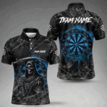 Black And Blue Grim Reaper Smoke Funny Dart Shirts For Men Custom Dart Jerseys, Darts Clothing TDM4005