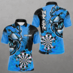 Blue Funny Darts Flame Lion Custom Polo & Quarter-Zip, Personalized Men Dart Shirts Dart Jerseys TDM3974