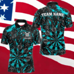 Custom Black And Blue Grunge Camo Dart Shirts For Men, Camouflage Dart Team Jersey Polo & 1/4 Zip TDM3960