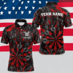 Custom Black And Red Grunge Camo Dart Shirts For Men, Camouflage Dart Team Jersey Polo & 1/4 Zip TDM3959