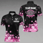 Funny Custom Dart Shirt For Men, Pink Black Glowing Star Pattern Darts Polo & Quarter Zip TDM3885