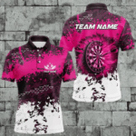 Personalized Pink Dartboard Fire Grunge Dart Shirts For Men Custom Darts Jerseys Polo & 1/4 Zip TDM3767
