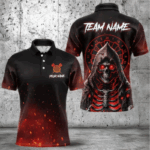 Red And Black Glowing Fire Death Skeleton Dart Shirts For Men Custom Dart Jerseys Polo & 1/4 Zip TDM3712