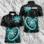 Custom Dart Jerseys For Men, Black And Turquoise Dartboard Thunder Lightning Darts Polo & 1/4 Zip TDM3667