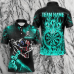 Fire Flame Darts Board American Flag Skull Dart Shirts For Men Custom Darts Team Jerseys |Turquoise TDM3648