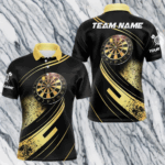 Personalized Gradient Gold And Black Darts Polo, Quarter Zip Custom Dart Shirts For Men Dart Jersey TDM3642