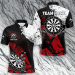 Retro Black Red Grunge Pattern Darts Polo, Quarter Zip Custom Men Dart Shirt Team Dart Jersey TDM3594