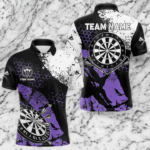 Retro Black Purple Grunge Pattern Darts Polo, Quarter Zip Custom Men Dart Shirt Team Dart Jersey TDM3593