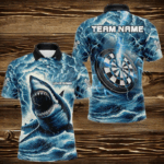 Personalized Shark Blue Lightning Darts Polo & Quarter Zip Custom Dart Shirts For Men Dart Jerseys TDM3442