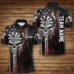 Retro American Flag Grunge Skull Darts Polo & Quarter Zip Custom Dart Shirts For Men Darts Jerseys TDM3383