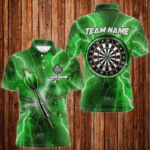 Green Thunder Lightning 3D Women Darts Polo & Quarter Zip Custom Dart Shirts For Men Dart Jerseys TDM3338