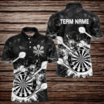 Black White Grunge Darts Polo And Quarter Zip For Men Custom Dart Shirts For Team Dart Jerseys TDM3277