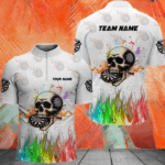 Personalized Funny 3D Darts Skull Colorful Fire Darts Shirts For Men Custom Dart Team Jerseys | White TDM2593