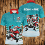 Funny Santa Playing Darts Turquoise Christmas Dart Shirts For Men Custom Christmas Darts Gifts TDM3050