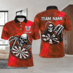 Death Skeleton Custom Red Dart Shirts For Men, Personalized Name 3D Skull Dart Team Jerseys TDM3019