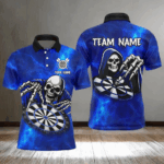 Death Skeleton Custom Blue Dart Shirts For Men, Personalized Name 3D Skull Dart Team Jerseys TDM3018