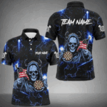 Blue Skull Thunder Lightning US Flag Custom Dart Shirts For Men, Darts League Team Jerseys TDM3017