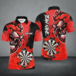 Red Funny Darts Flame Lion Custom Polo & Quarter-Zip, Personalized Men Dart Shirts Dart Jerseys TDM2959