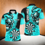 Turquoise Funny Darts Flame Lion Custom Polo & 1/4 Zip, Personalized Men Dart Shirts Dart Jerseys TDM2958