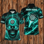 Turquoise Darts Skull Men Polo, Quarter-Zip Shirt Custom Lightning Thunder Team League Dart Jerseys TDM2838