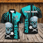 Turquoise Grunge Custom Skull Dart Shirts For Men, Scary Darts Jerseys, Darts League Team Shirts TDM2796