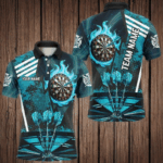 Turquoise Dartboard Fire Flame Hitting Target Custom Dart Shirts For Men, Darts League Team Jerseys TDM2702