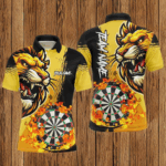 Yellow Funny Darts Flame Lion Custom Polo & Quarter-Zip, Personalized Men Dart Shirts Dart Jerseys TDM2694