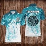 Personalized Turquoise Grunge Classic Darts Jerseys For Men Custom Team Darts Shirts Short Sleeve TDM2660