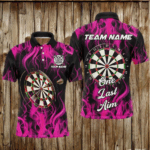 One Last Aim 3D Fire Flame Pink Darts Shirts For Men Custom Darts Saying Shirts, Darts Jerseys TDM2656