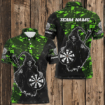 Personalized Green Abstract Death Skeleton Men Darts Shirts, Funny Halloween Scary Darts Jerseys TDM2607