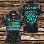 Personalized Turquoise Retro US Flag Patriotic Men Dart Shirts, Crack Pattern Grunge Dart Jerseys TDM2597