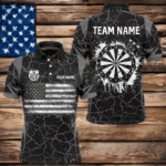 Personalized Black White Retro US Flag Patriotic Men Dart Shirts, Crack Pattern Grunge Dart Jerseys TDM2596