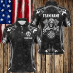 Black Grey Death Skeleton Skull Pattern Custom Darts Shirts For Men, Scary Darts Team Jerseys TDM2594