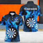 Blue Flaming Dartboard Darts Polo & Quarter Zip Custom Dart Shirts For Men Team Dart Jerseys TDM3821