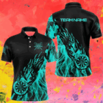Black And Turquoise Fire Flame Darts Polo & Quarter Zip Custom Dart Shirt For Men Dart Jerseys TDM3341